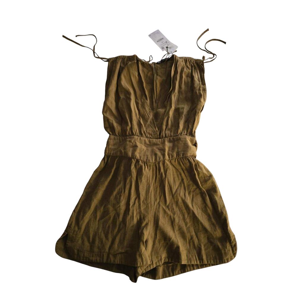 ZARA NWT LINEN BLEND‎ SHORT JUMPSUIT KHAKI BROWN SIZE Medium - Picture 7 of 7